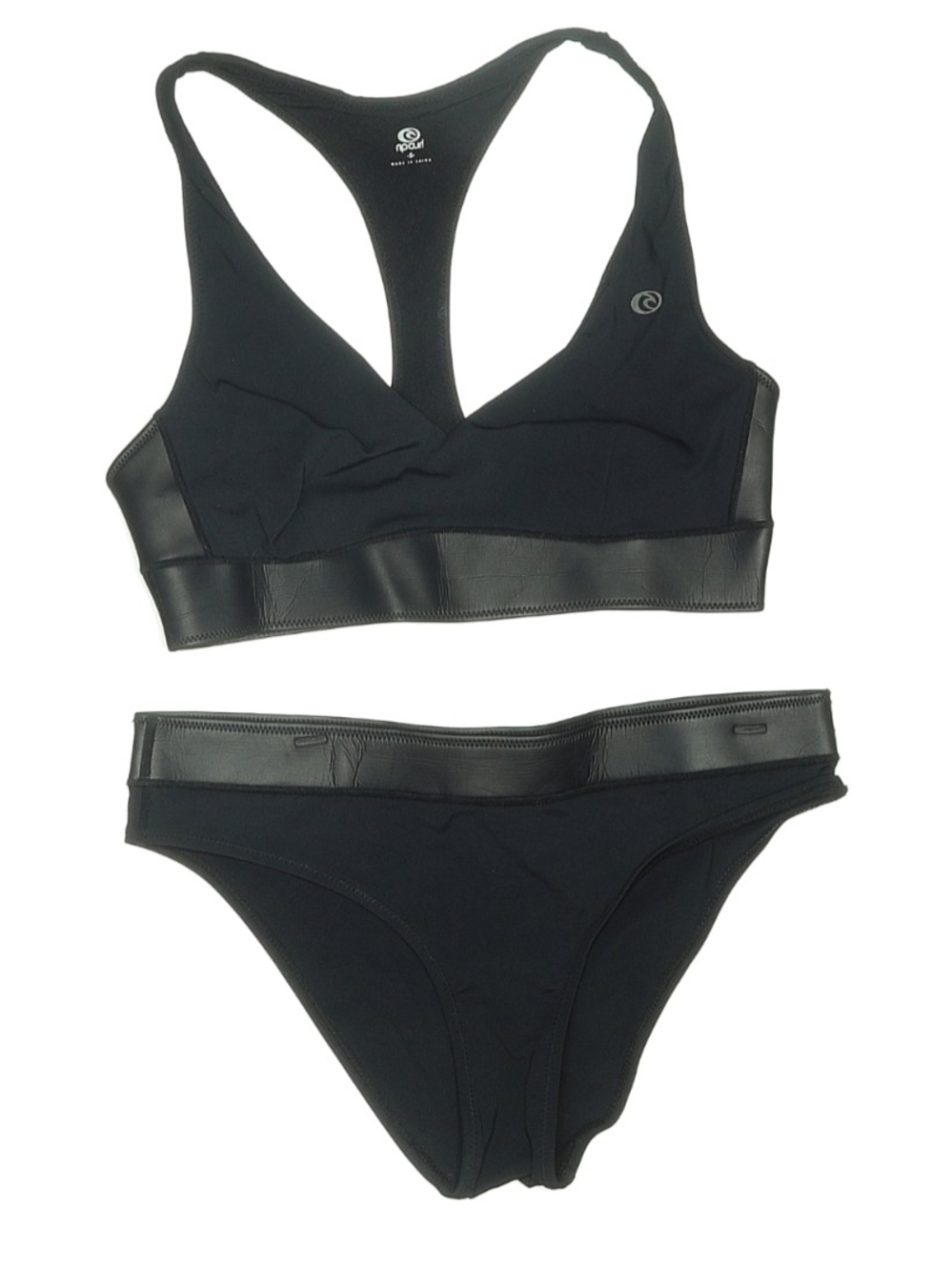 Rip Curl Black Racerback Bikini Set with Faux-Leather Trim